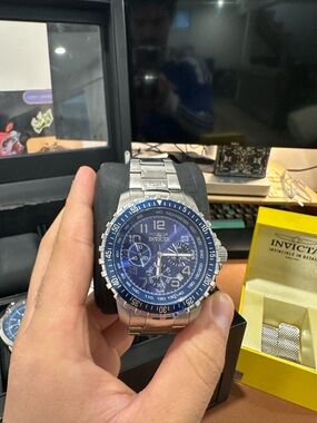 Invicta Silver Stainless Steel Chronograph Watch with Blue Dial